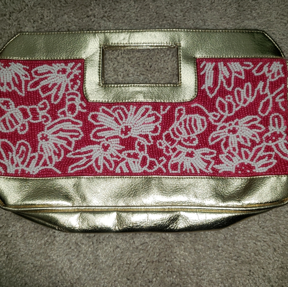 Lilly Pulitzer pink and white beaded clutch
